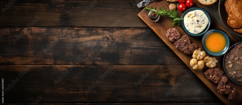 Poster scottish breakfast with haggis overhead view on dark wood with room for text