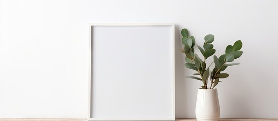 White room interior with eucalyptus plant in vase perfect for artwork presentation