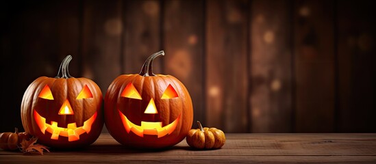 Halloween pumpkin on wooden background banner for text