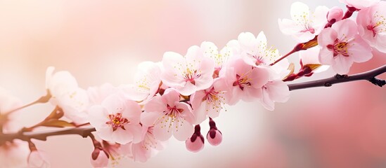 Cherry and plum trees bloom in early spring creating a background with focused flowers and space for text