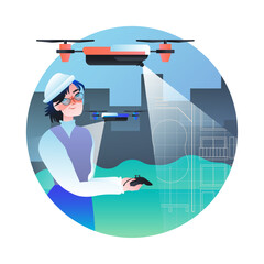 Young female in VR glasses holding remote control and controls drone. Remote camera concept. Drone control with virtual reality. Flat vector illustration in blue colors in cartoon style