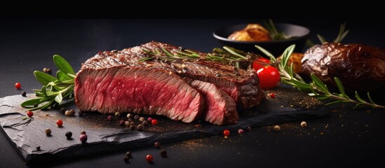 Picture of sliced steak on metal plate - obrazy, fototapety, plakaty