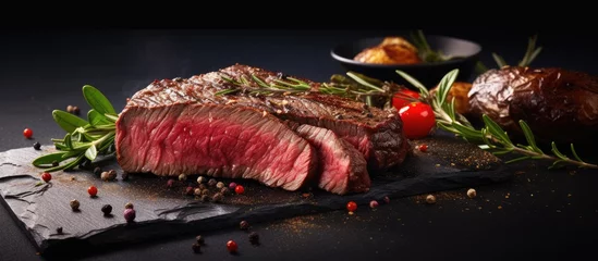 Poster Picture of sliced steak on metal plate © vxnaghiyev