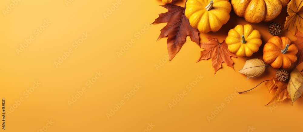 Aufkleber autumn arrangement of pumpkins and fall leaves on a colored surface overhead view with room for text