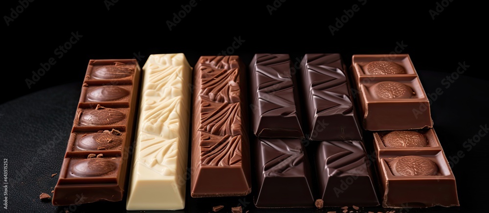 Poster assorted chocolate bars on black background with copy space