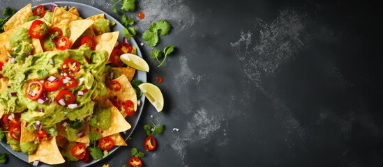 Top view of Mexican nachos and guacamole on a gray concrete surface with empty space for text