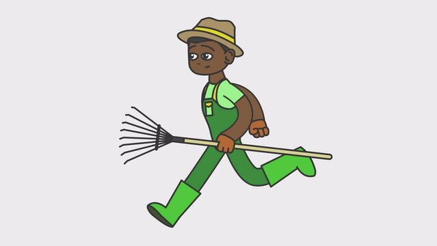 Black male gardener runs holding a rake in his hands. Looped 4K video with alpha-channel.