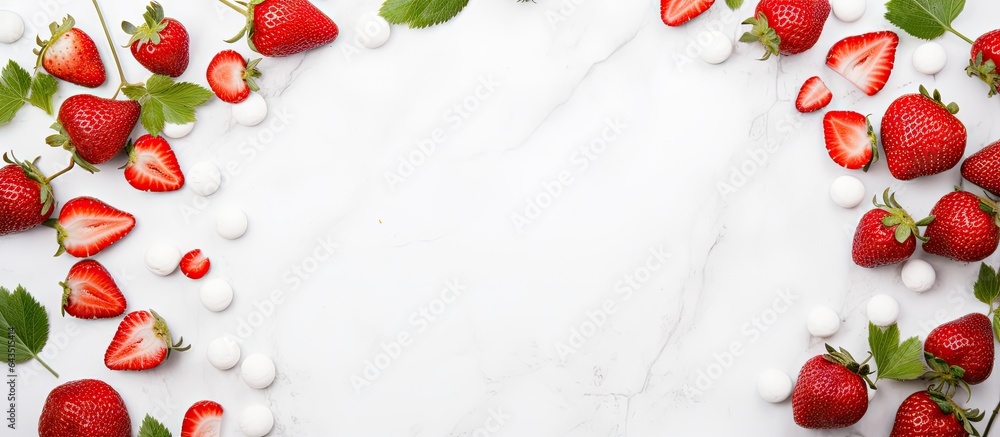 Poster top view of round frame of fresh strawberries on white marble representing summer and fruit concept 
