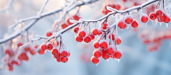 Hoarfrost covers frozen red berries on a winter day
