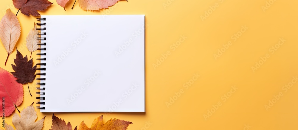 Aufkleber Top view of a craft sketchbook with fallen leaves on a colored background
