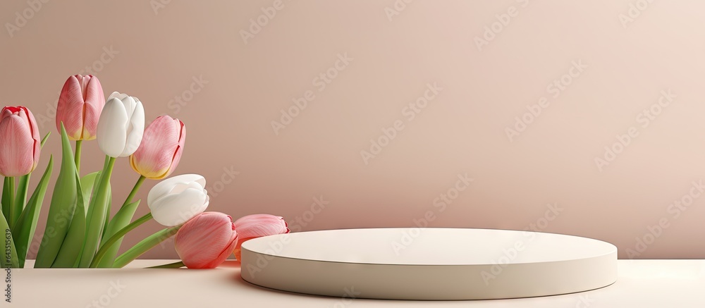 Poster pedestals with tulips on table copy space side view mockup background for products advertising templ