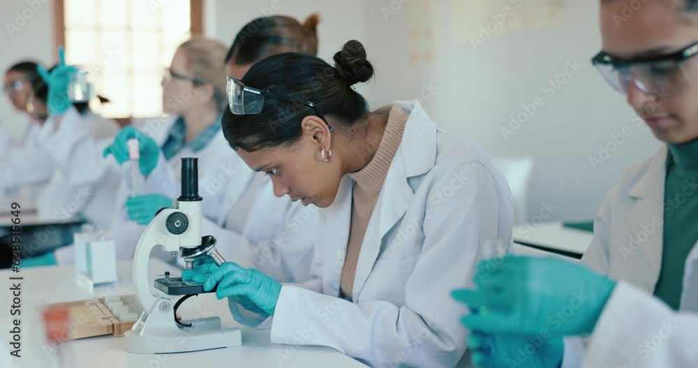 Poster classroom, science and students in laboratory with microscope for learning, lesson and education. ch
