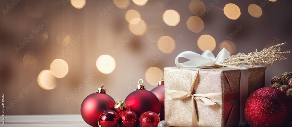 Poster close up of christmas background with red ribbons and shiny tree balls