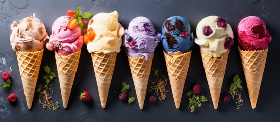 Various ice cream flavors in attractive waffle cones perfect for everyone s taste On stone background with space for text Flat lay design