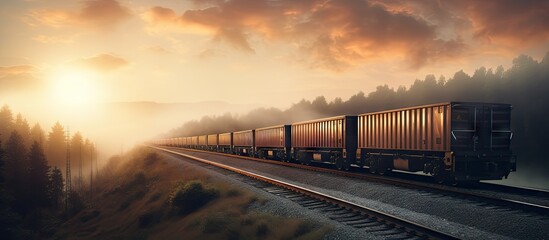 Fototapeta premium Sunlit railway track stretching into the horizon with misty morning beauty