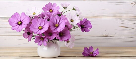 Purple and white cosmos flowers on wooden background with space to copy