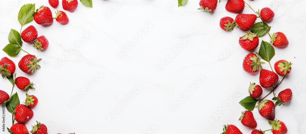 Poster top view of round frame of fresh strawberries on white marble representing summer and fruit concept 
