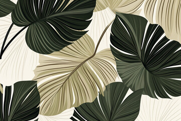 a tropical leaves pattern in a white and brown color, in the style of bold lines and shapes, dark green and dark beige