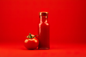 Glass bottle with tomato ketchup and some tomatoes isolated on red background 