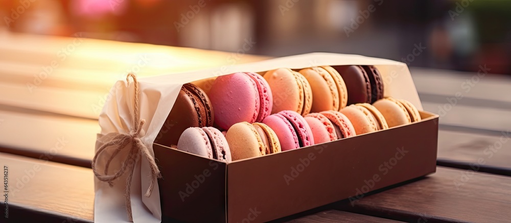 Aufkleber various macaroons in a small box on a brick background sunset lighting and copy space available clos