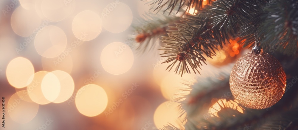 Poster christmas decorations with lights and a branch from a fir tree featuring a new year and christmas th