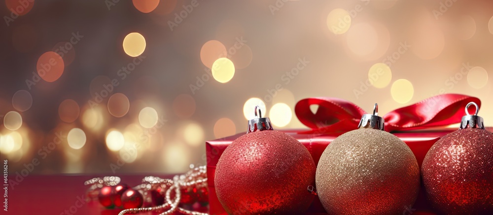 Poster close up of christmas background with red ribbons and shiny tree balls
