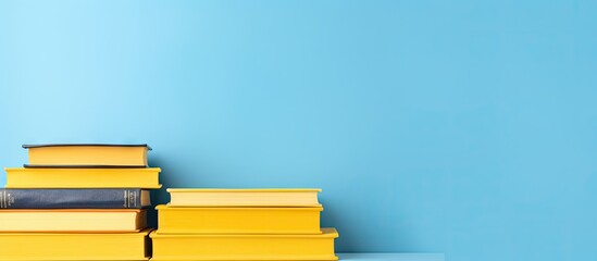 Back to school flat lay with blue books on yellow background
