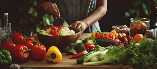 Young black woman cooking with organic food in kitchen closeup copy space available cutting fresh vegetables - obrazy, fototapety, plakaty