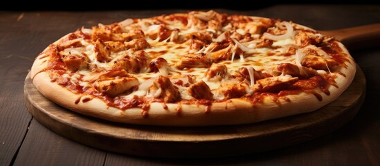Picture of a flavorful pizza topped with barbecued chicken