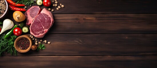Vegetables and beef steaks on a wooden backdrop