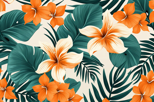 the orange, white and green tropical leaves seamless pattern, in the style of minimalist illustrator, free brushwork