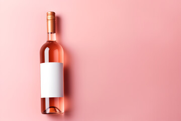 Wine bottle mockup, unopened bottle of rose wine on pink background, top view, copy space, flat lay - obrazy, fototapety, plakaty