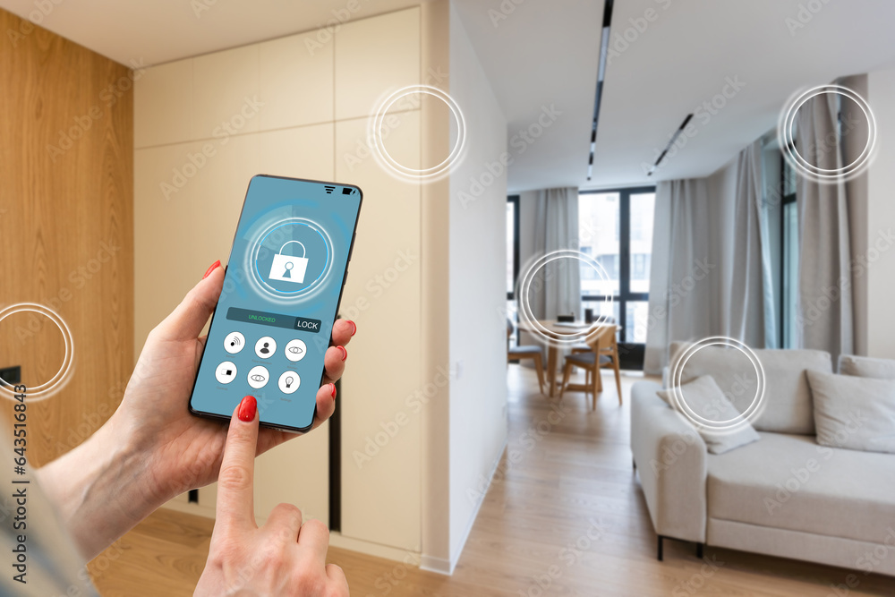 Poster smart home technology interface on smartphone app screen with augmented reality (ar) view of interne