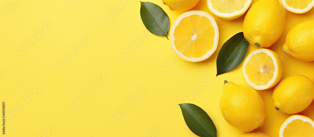 Aufkleber top view of a lemon on a yellow background with copy space