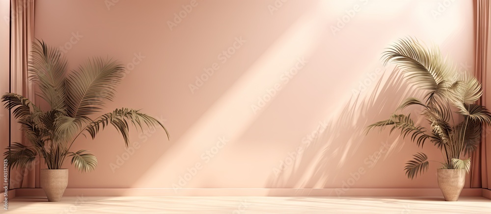 Poster Neutral studio backdrop for showcasing products Empty space with window shadows florals and palm leaf silhouettes 3D room with room for text Warm season concert Faded background