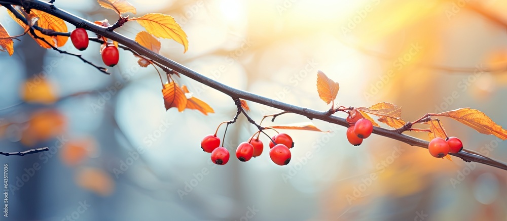 Poster Rosehips on a twig against a blurry forest backdrop with space on the left side of the horizontal image