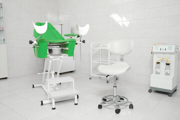 Modern gynecological office interior with examination chair and medical equipment