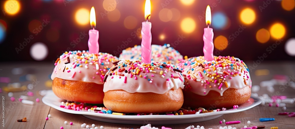 Poster yummy donuts with frosting and candles on table with vibrant backdrop