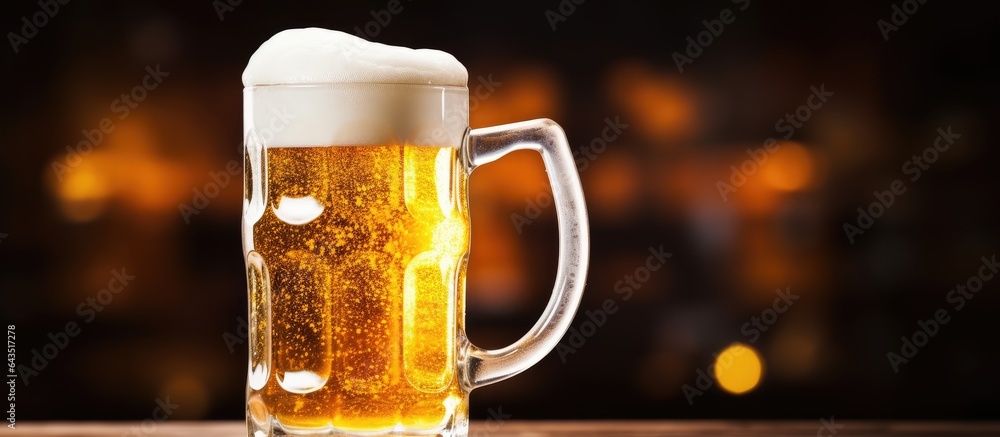Poster Close up image of beer glass with foam on white background and empty area for text