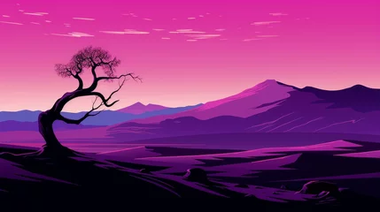 Papier Peint photo Roze Silhouette of a lone tree in a vast desert landscape at dusk
