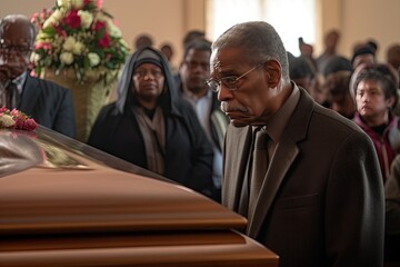 At the funeral gathering, people from diverse backgrounds join in mourning, united in their shared grief.