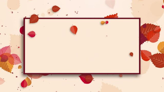 Red and yellow fallen rowan leaves on beige background. Rectangle frame for text. Autumn sale background template. Looped animation.