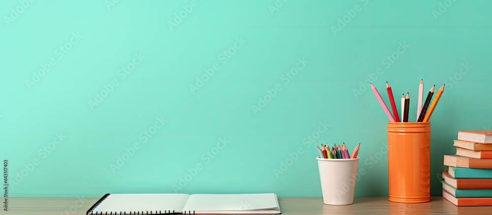 Poster brown desk with open diary notebook memo pad and pencil holder mint wall background serves as study 
