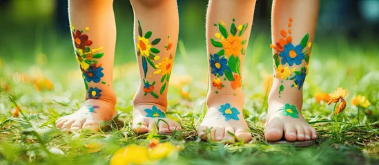 Zelfklevend Fotobehang Smiling children s patterned feet on green grass with selective nature focus © vxnaghiyev