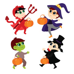 Halloween Set with cartoon style characters isolated on a white background. Children in the wizard's suit, zombie, devil, vampire and ghost.