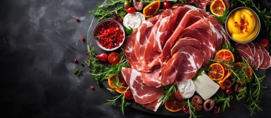 Selection of cured meats and ham antipasto platter Overhead shot with empty space for text