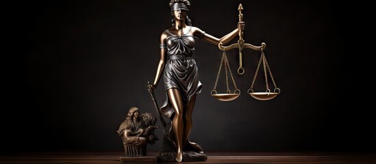 Fototapeta na wymiar Back of lady justice statue on dark background with space for text