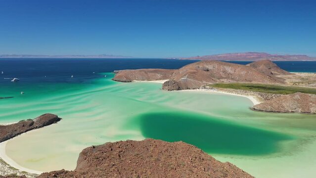 Scenery opening view of Balandra beach in La Paz, Baja California Sur, Mexico. One of the best beaches in Mexico. Camera moving forward