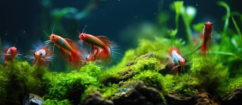 Freshwater tank with cherry or fire red dwarf shrimp and green background