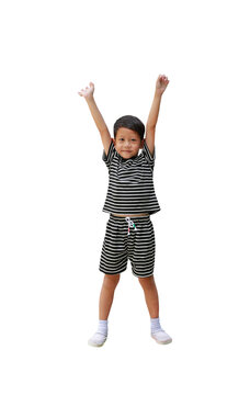 Portrait of Asian little boy arms outstretched or keeping arms raised isolated on white background. Child with Winner concept.